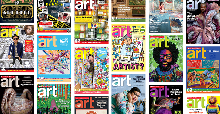 Collage of Scholastic Art magazine covers on various art topics and themes